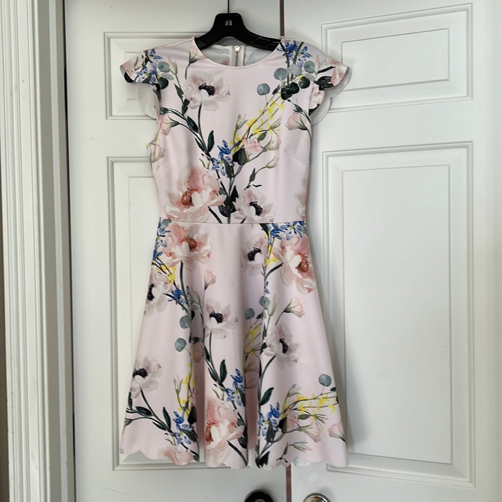 Ted Baker of London size one floral light pink dress with flutter sleeves